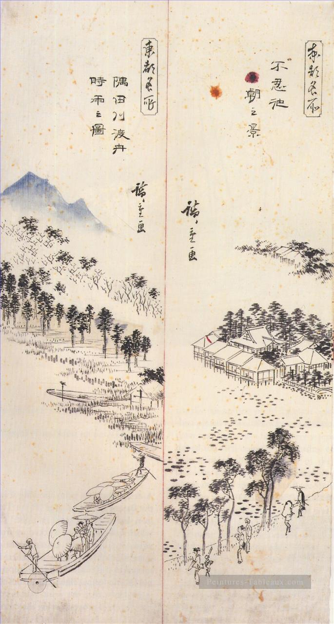 complexe de temples sur une île et ferries sur une rivière Utagawa Hiroshige ukiyoe Peintures à l'huile
